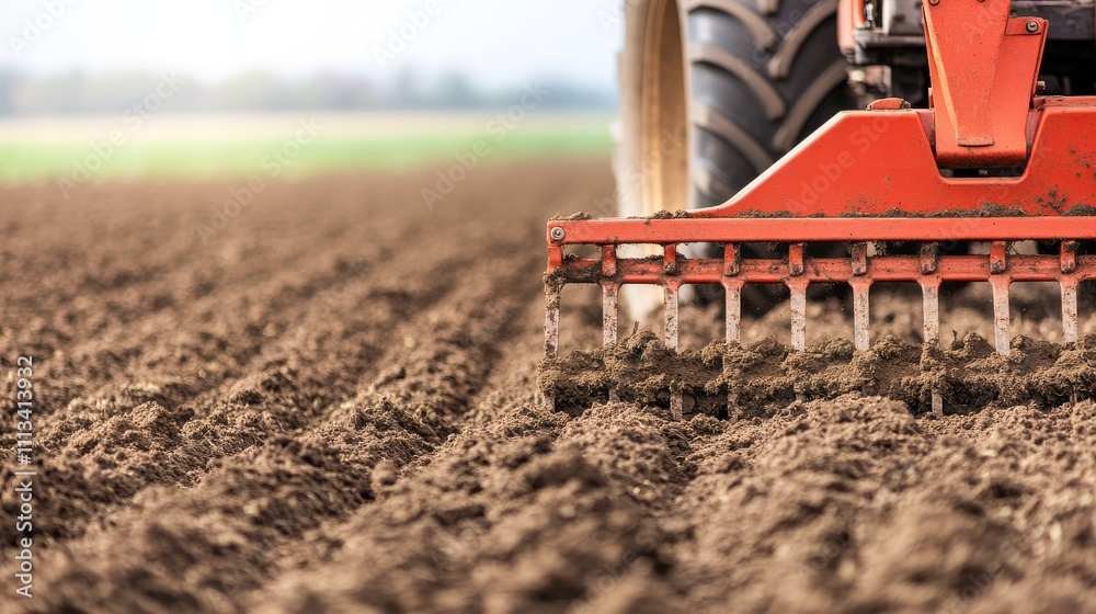 Obraz premium A close-up view of a tractor tilling soil, highlighting agricultural machinery in action over freshly plowed earth.