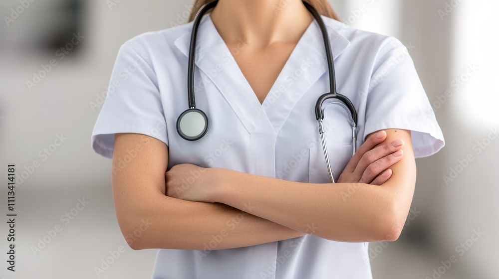 A healthcare professional in a white coat with a stethoscope, standing confidently with crossed arms in a clinical setting. A healthcare professional in a white coat with a stethoscope, standing confidently with crossed arms in a clinical setting.