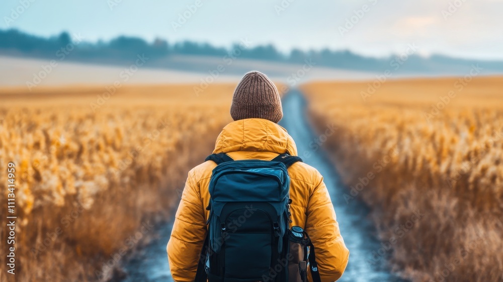 A person in a yellow jacket and backpack stands on a path through golden fields, facing a serene landscape under a soft sky. A person in a yellow jacket and backpack stands on a path through golden fields, facing a serene landscape under a soft sky.