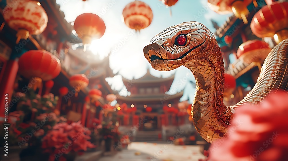 Golden snake statue in a Chinese temple courtyard with red lanterns. Golden snake statue in a Chinese temple courtyard with red lanterns.