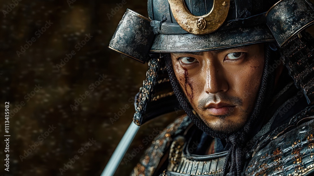 © btiger - Dramatic portrait of samurai warrior in traditional armor close up in attack position dark background