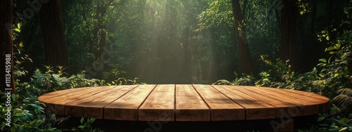 Wooden Stage in Serene Forest Sunlight Nature Scene with Green Foliage and Textured Background photo