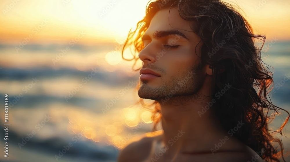 Meditating Man with Gray Hair and Beard on Serene Beach at Sunrise Meditating Man with Gray Hair and Beard on Serene Beach at Sunrise