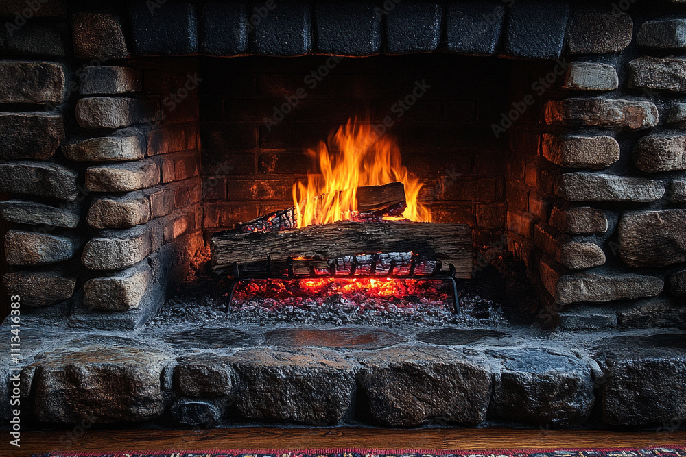 A Stone Fireplace Burning Brightly With Logs A Stone Fireplace Burning Brightly With Logs