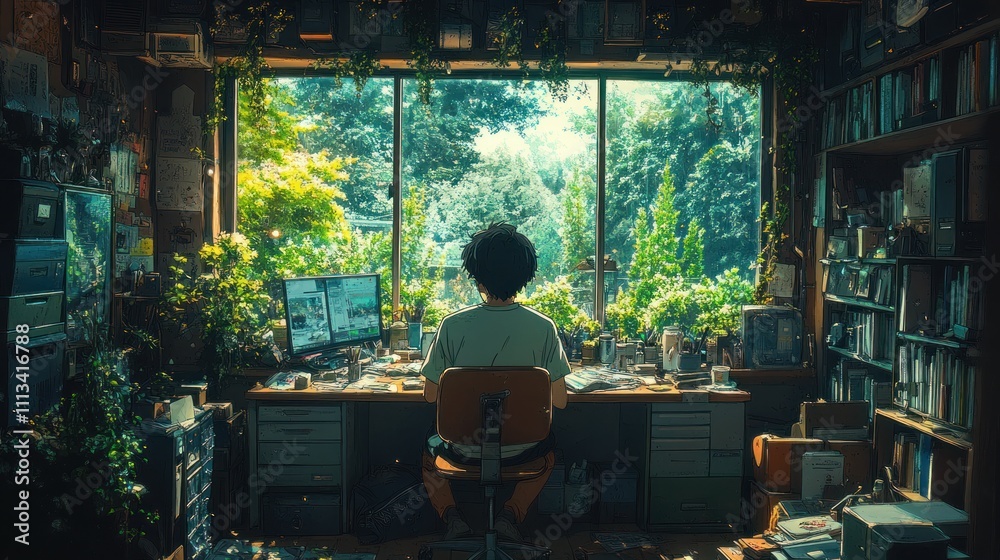 Young Man Studying at Desk with Plants in Cozy Room Young Man Studying at Desk with Plants in Cozy Room