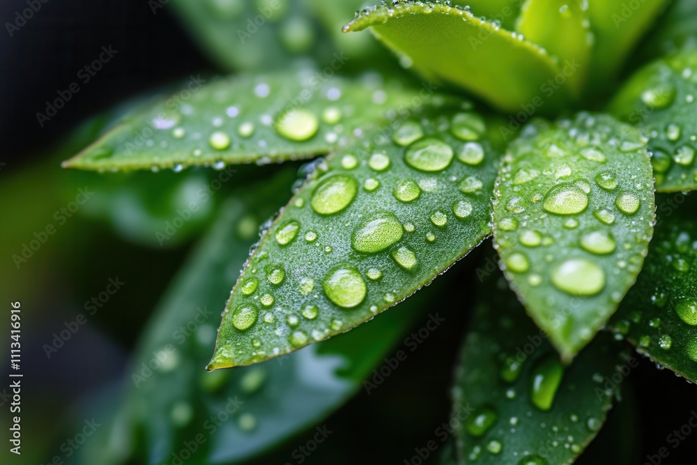 Close-up of dew drops on lush green leaves. Close-up of dew drops on lush green leaves.