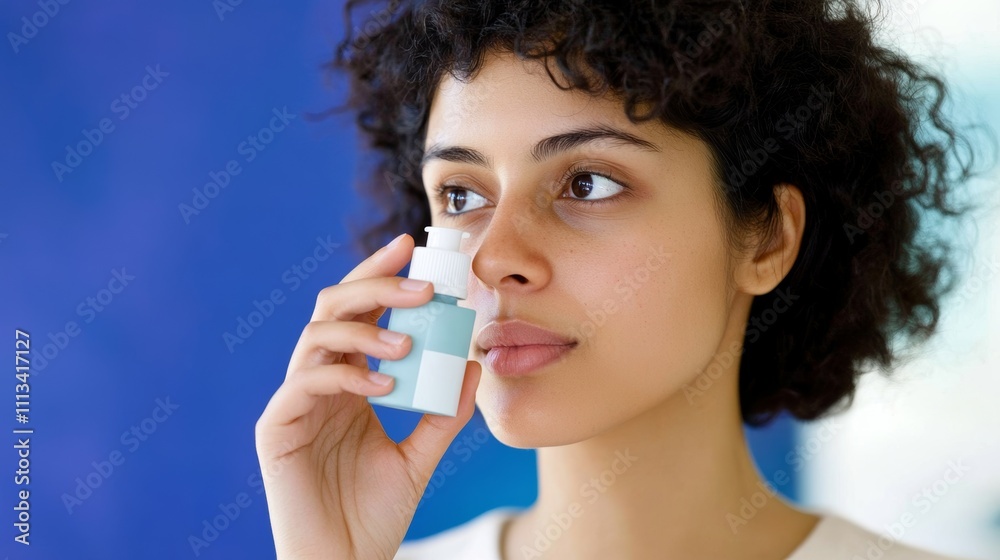 Woman with Curly Hair Using Skincare Product Against Blue Background Woman with Curly Hair Using Skincare Product Against Blue Background