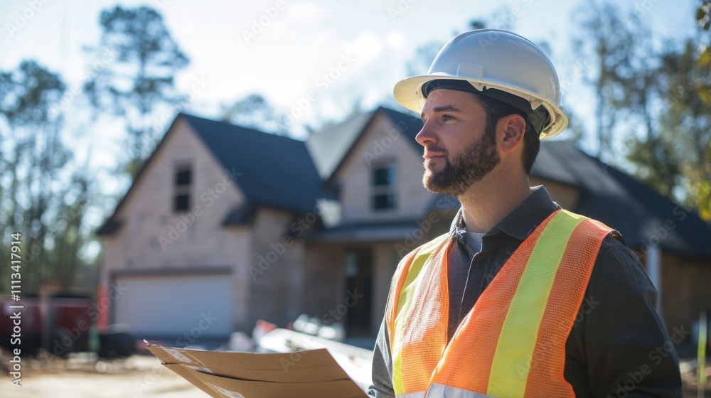 Construction Worker in Hard Hat Overseeing Residential Home Building Site with Focused Expression and Safety Gear Amidst Construction Materials and Equipment Construction Worker in Hard Hat Overseeing Residential Home Building Site with Focused Expression and Safety Gear Amidst Construction Materials and Equipment
