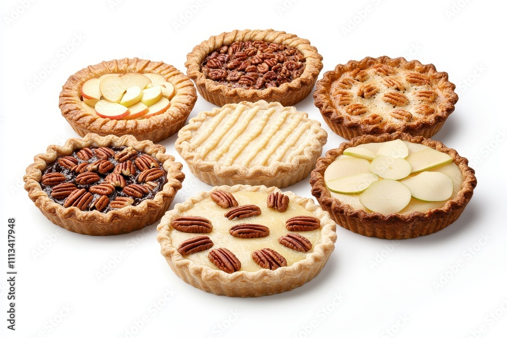 Assorted Freshly Baked Pies with Varied Fillings on White Background Assorted Freshly Baked Pies with Varied Fillings on White Background