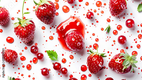 Drops of Sweet Strawberry Jam and Fresh Berry: Drops of sweet strawberry jam and a fresh berry isolated on a white background, ideal for food and dessert themes. photo