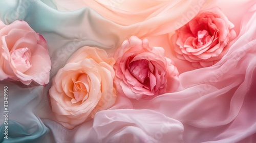 Pastel Roses on Soft Draped Silk Fabric Background Texture