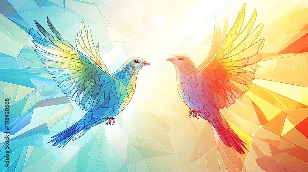 Fototapeta premium Two vibrant, low-poly doves facing each other against a contrasting cool and warm geometric background.