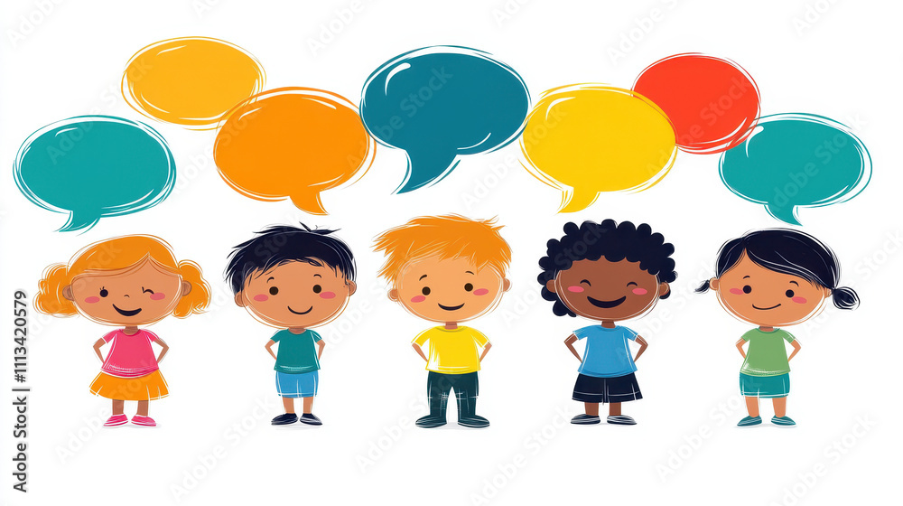 Children with speech bubbles expressing ideas and emotions joyfully Children with speech bubbles expressing ideas and emotions joyfully