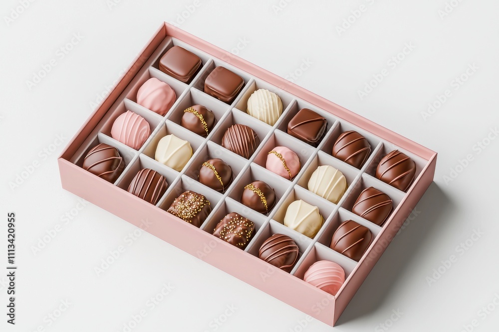 Assorted Gourmet Chocolates in Elegant Pink Box on White Background Assorted Gourmet Chocolates in Elegant Pink Box on White Background