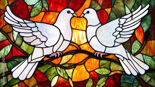 Two white doves perched on a branch in a vibrant stained glass window.