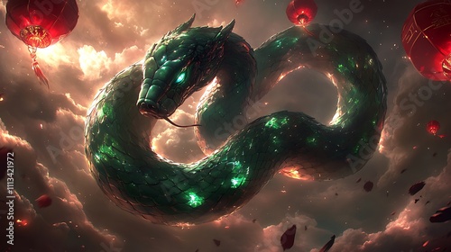 Jade serpent coiled in sky, lanterns, clouds. photo