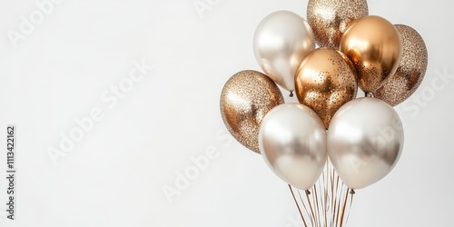 Elegant Bunch of Gold and Silver Balloons on a Soft White Background for Celebration Decor or Festive Themes