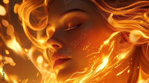 A woman's face is engulfed in flames, her eyes closed in serenity. photo