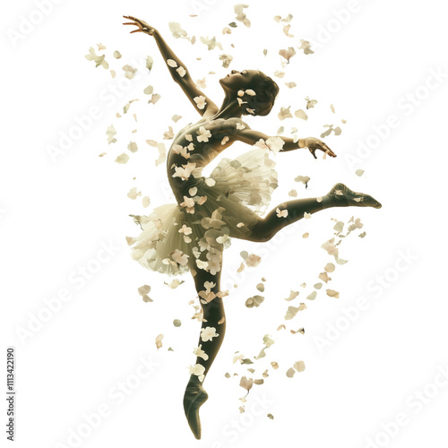 A young Ballerina mid spin merged with Flower Petal, isolated on white background photo