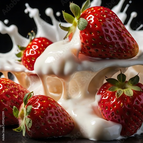 Strawberries splashing in creamy delicious milk