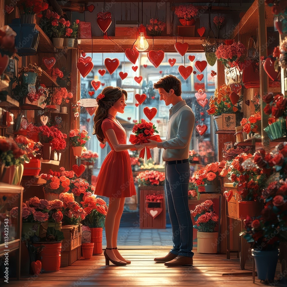 Obraz premium A romantic scene in a flower shop, featuring a couple exchanging a bouquet amidst heart decorations and vibrant floral arrangements.