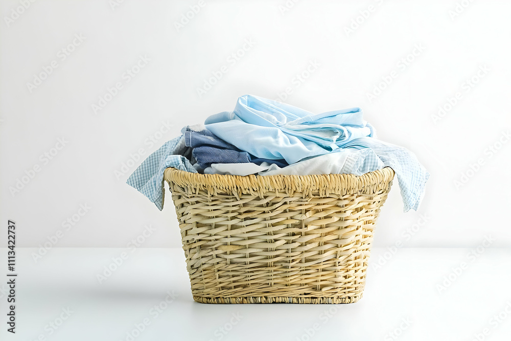 Obraz premium A neatly folded pile of freshly laundered clothes in a basket, displayed against a white background, symbolizing home cleanliness, order, and the importance of domestic chores.