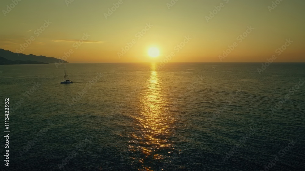 Sunset, sailboat, ocean, golden light, tranquil. Sunset, sailboat, ocean, golden light, tranquil.