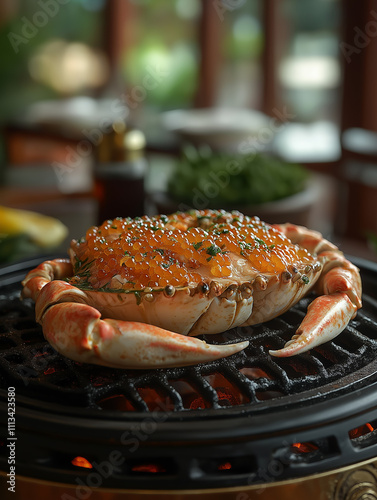 Illustration Japanese cuisine Kanimiso Grilled crab served in crab shell with rice and seaweed photo