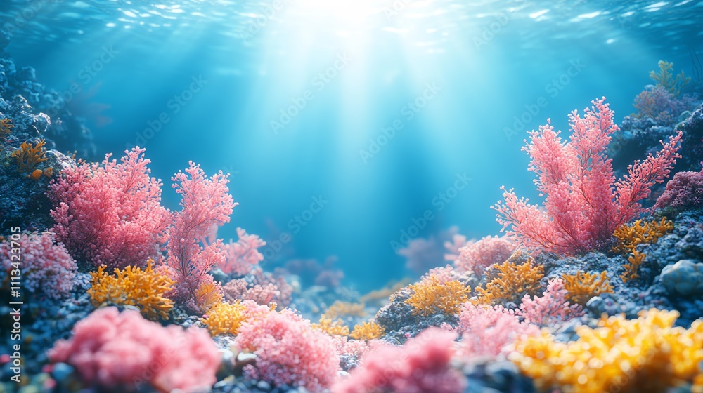 Fototapeta premium Vibrant coral reef with colorful corals thriving in clear blue water and sun rays.