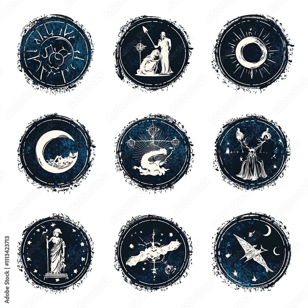 Nine Circular Celestial and Mythological Grunge-Style Designs Nine Circular Celestial and Mythological Grunge-Style Designs
