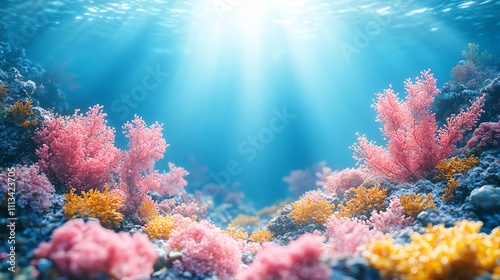 Vibrant coral reef with colorful corals thriving in clear blue water and sun rays.