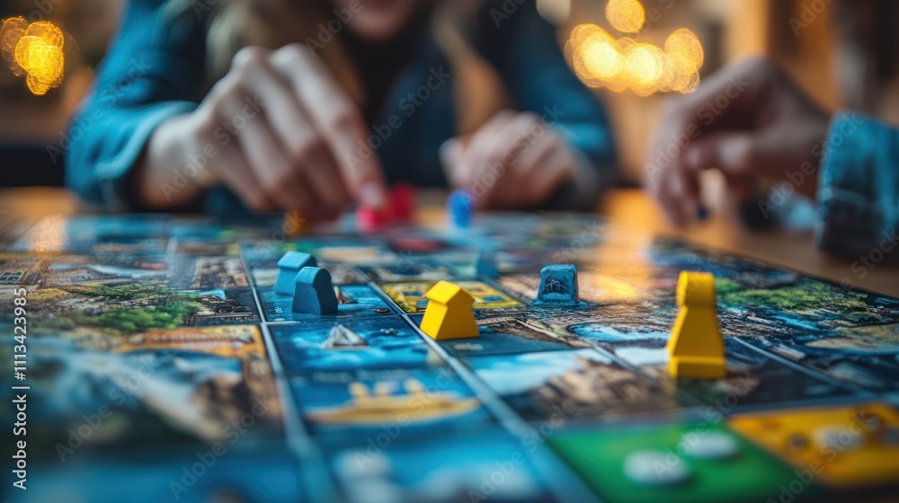Close-up of hands playing a board game, with colorful game pieces and a game board in the background. Close-up of hands playing a board game, with colorful game pieces and a game board in the background.