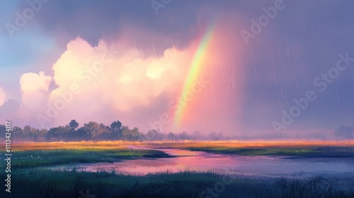 Pastel rainbow over tranquil rain-soaked landscape.