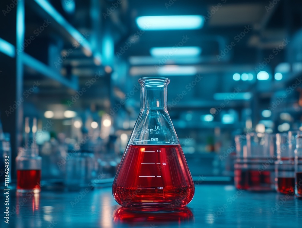 laboratory glassware in laboratory, blue red glass flask vial and chemical structure in research medical science technology background. - ai laboratory glassware in laboratory, blue red glass flask vial and chemical structure in research medical science technology background. - ai