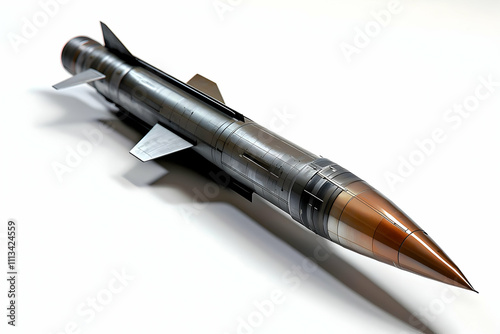 A detailed model of a modern missile with a sleek, futuristic design, isolated against a white background for engineering or defense presentations.