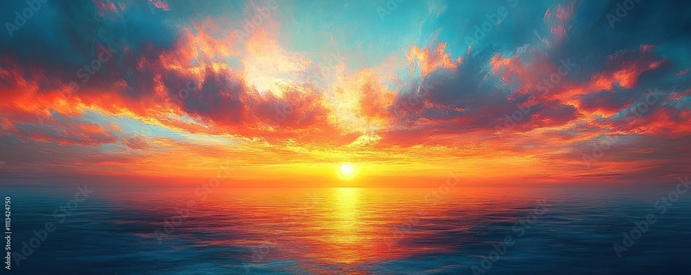 Fototapeta premium Vibrant Tranquil Sunset Seascape with Dreamy Cloud Formations and Golden Light Reflecting on Calm Water at Dusk