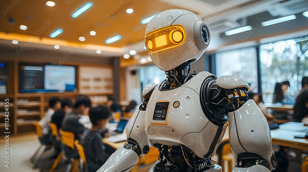 Fototapeta premium Futuristic Classroom with Humanoid Robot as Educational Assistant in Digital Learning Environment