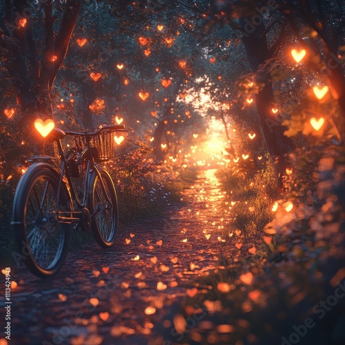 A whimsical path illuminated by heart-shaped lights, featuring a bicycle, creates a romantic and enchanting atmosphere in a serene forest setting.