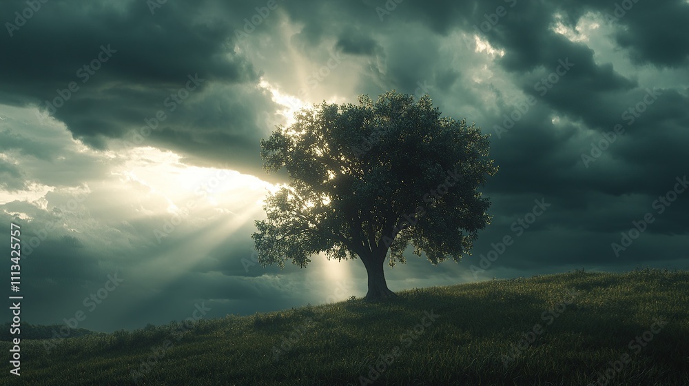 A single tree stands tall on a hilltop, backlit by the sun's rays breaking through stormy clouds. A single tree stands tall on a hilltop, backlit by the sun's rays breaking through stormy clouds.
