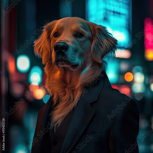 A golden retriever dog wearing a suit, standing in the city at night. photo