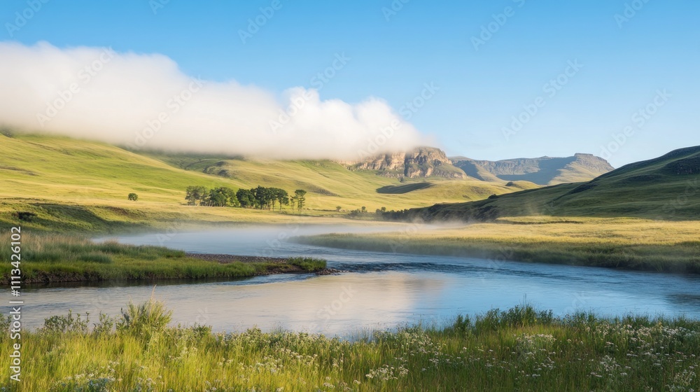 Serene River Valley Mist Shrouded Mountainscape