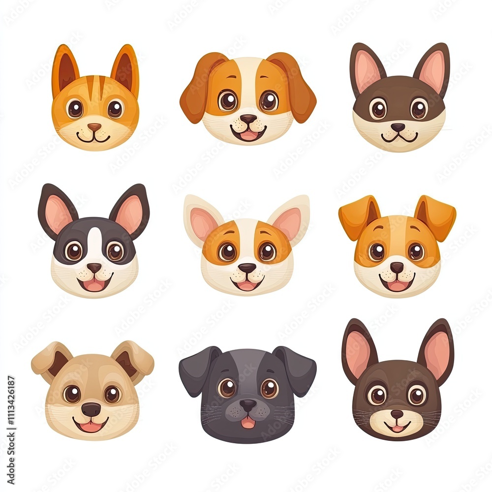 Nine Adorable Cartoon Dog and Cat Faces with Happy Expressions
