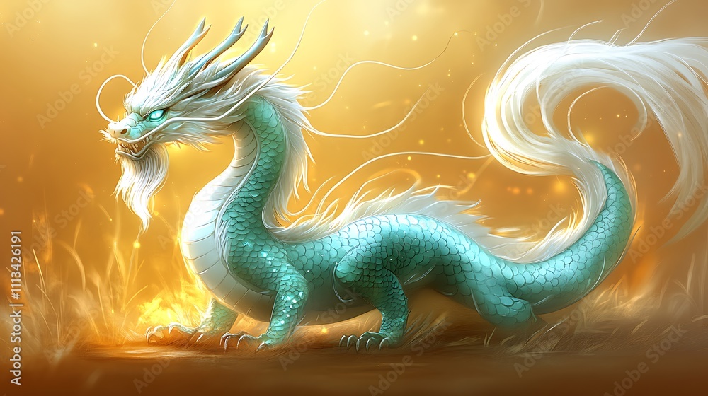Majestic teal and white dragon with long flowing mane and tail, amidst glowing embers. Majestic teal and white dragon with long flowing mane and tail, amidst glowing embers.