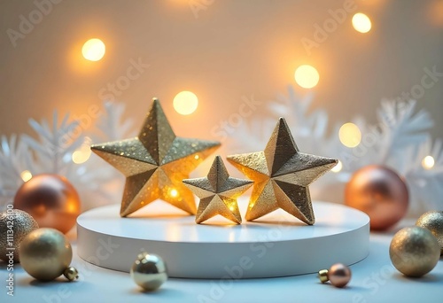 3d luxry christmas white podium stage Christmas Golden Ornaments in a glowing lights. Christmas Festive stage star, tree, gift box. photo