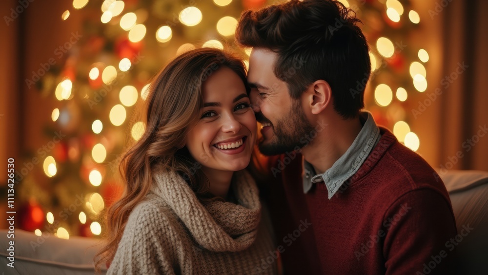 Couple Sharing Joyful Smiles by the Christmas Tree During Festive Holiday Celebrations Couple Sharing Joyful Smiles by the Christmas Tree During Festive Holiday Celebrations
