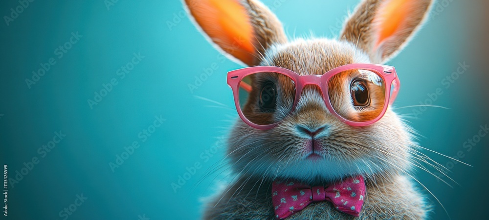 Obraz premium Cool Easter Bunny Rabbit in Pink Sunglasses and Bow Tie on Blue Background for Funny Holiday Celebration Greeting Card