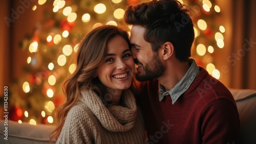 Couple Sharing Joyful Smiles by the Christmas Tree During Festive Holiday Celebrations