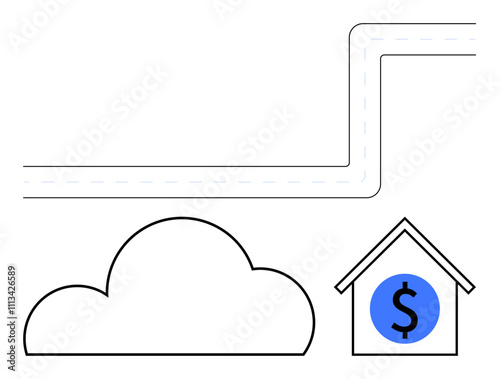 Simple cloud and house connected by a line, symbolizing connectivity and finance. Ideal for topics of technology, finances, cloud computing, real estate, digital transformation, investments photo