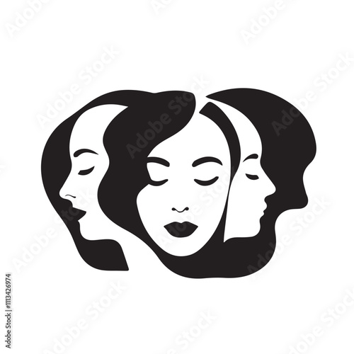 Abstract black and white illustration of three female faces. Simple black and white design of multiple female faces. Minimalist line art of interconnected female profiles