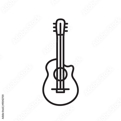 Minimalist guitar icon for music designs. Simple black and white line drawing of an acoustic guitar. Clean and simple vector illustration of an acoustic guitar. Symmetrical line art of a classic guita